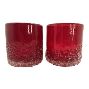 Vtg Set of 2 Ruby Art Glass Hand Blown Votive Tumbler w/ Textured "Icy" Glass 3"